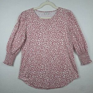 XIEERDUO Polka Dot Blouse Medium Pink White Smocked Cuffs Top